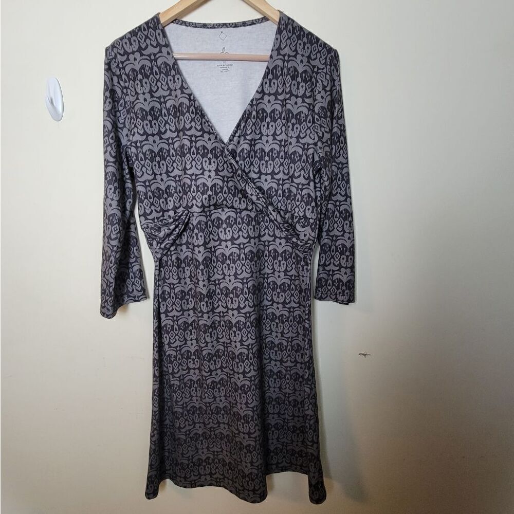 Prana Gray Print 3/4 Sleeve Twist Front V-neck Dress Abstract Paisley Size XL